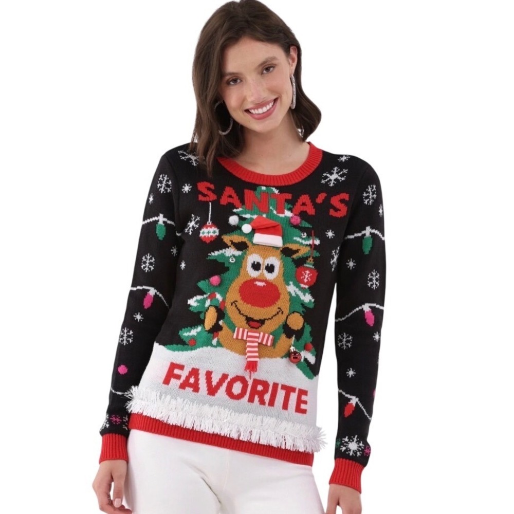 No Boundaries Santa's Favorite Reindeer Ugly Christmas Sweater Black XL 16-18‎